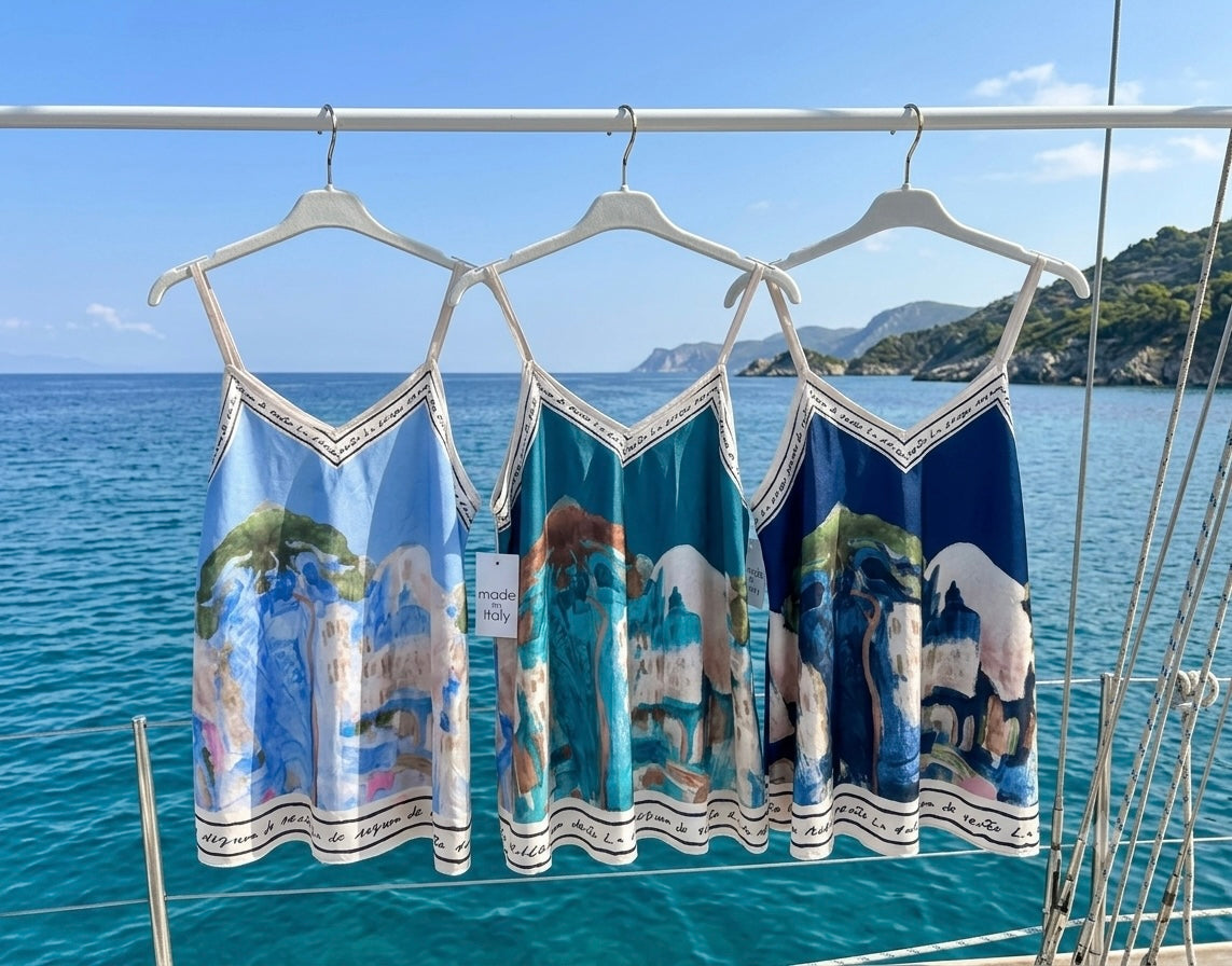 O/S-Italian Watercolour Print Women’s Spaghetti StrapTank Top- BABY BLUE - Viscose/ Polyester blend-Made in Italy