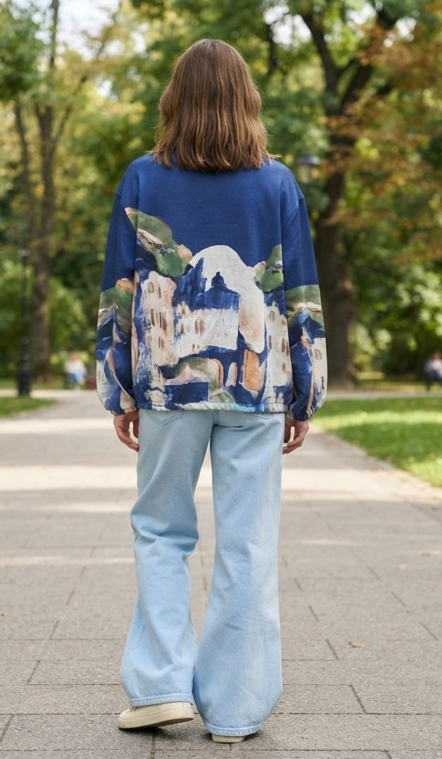 Soft Italian Watercolor Zip-Up Jacket- NAVY BLUE- Viscose  Blend, Made in Italy outerwear, O/S