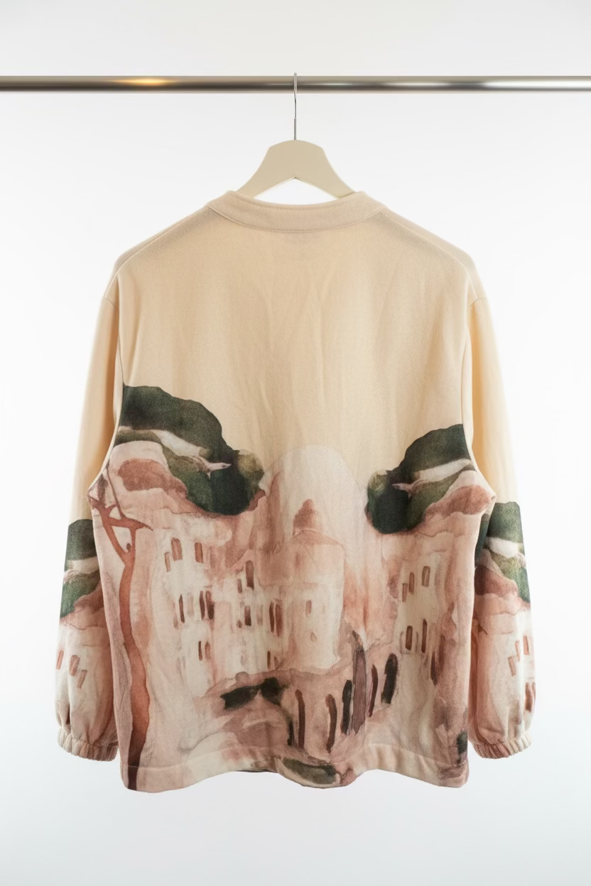 Soft Italian  Zip-Up Jacket - CREAM - Watercolor Print
