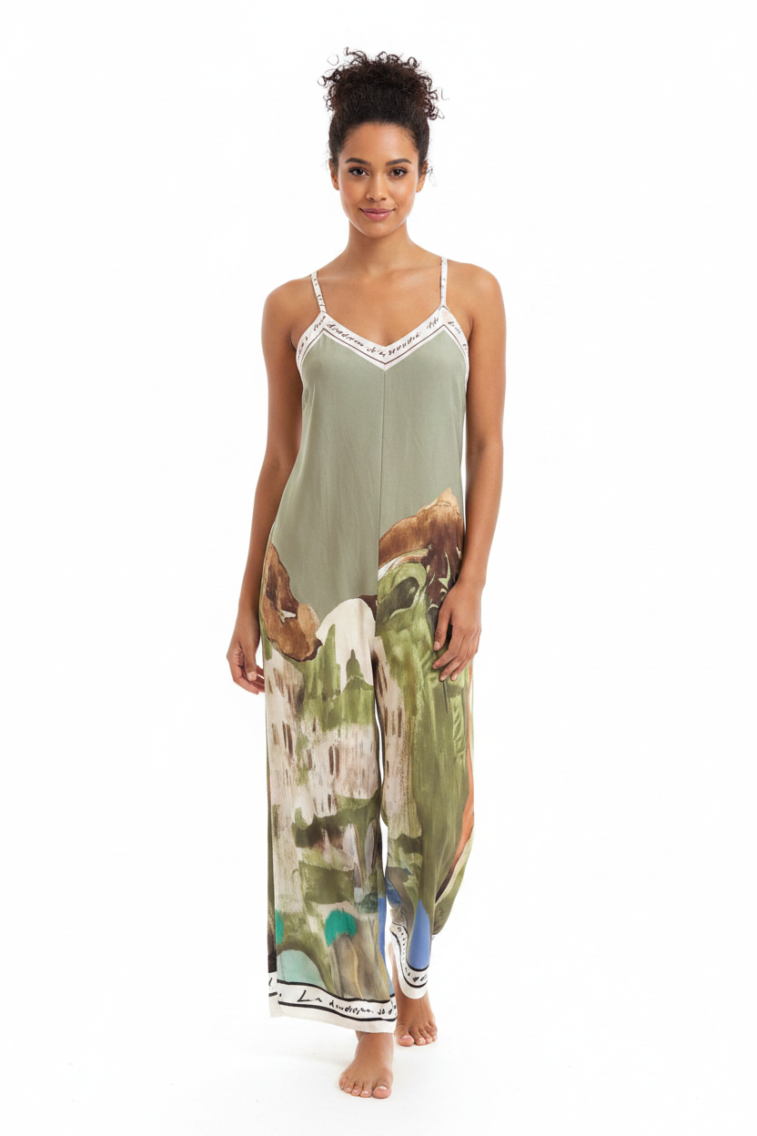 Italian Watercolour JUMPSUIT with adjustable straps - LIGHT OLIVE GREEN - Viscose/ Polyester blend