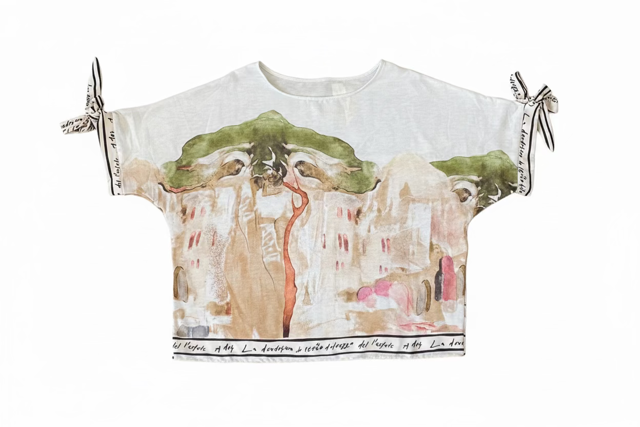 Relaxed Fit Watercolor Lustrous Women Top - WHITE- Made in Italy , O/S- Woven Italian Viscose/ Polyester blend