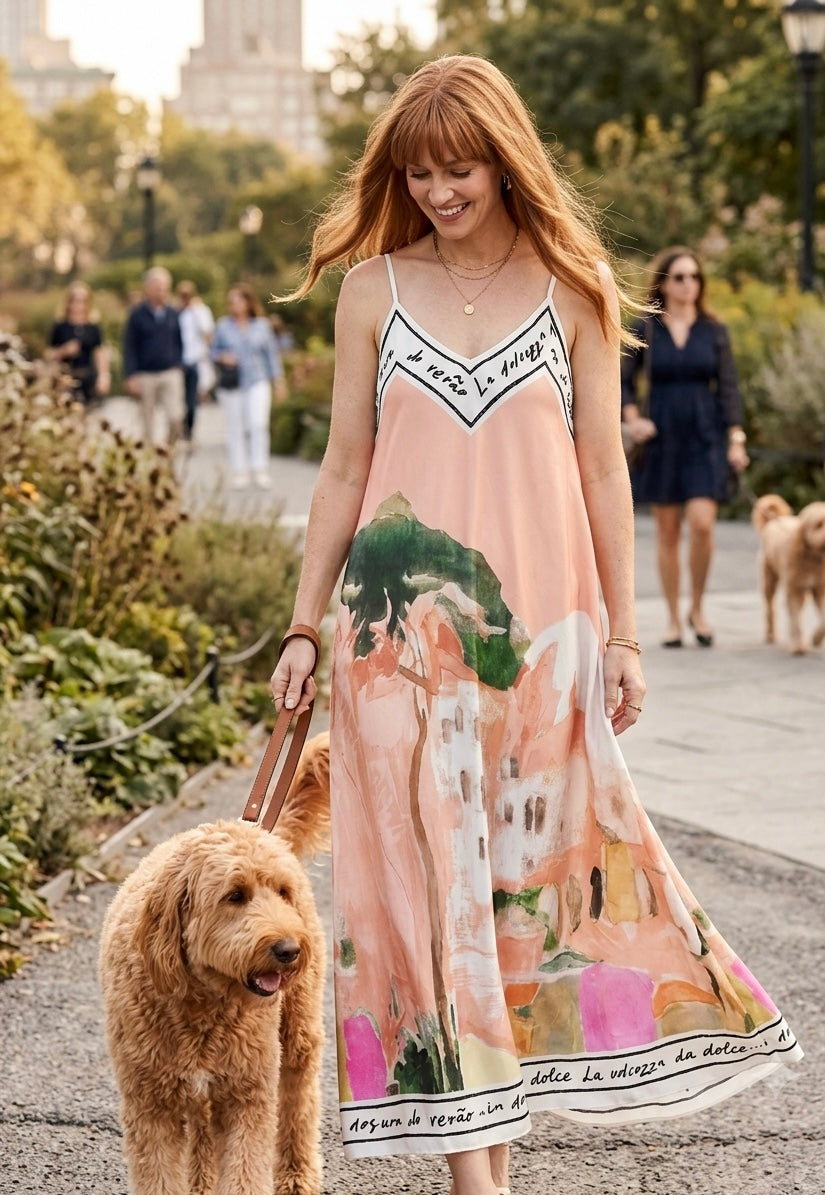 Italian Silk Maxi Dress - PEACH – Watercolour print, Made in Italy, Silk Viscose O/S