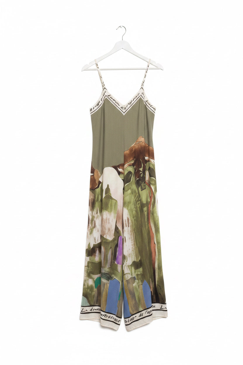 Italian Watercolour JUMPSUIT with adjustable straps - LIGHT OLIVE GREEN - Viscose/ Polyester blend