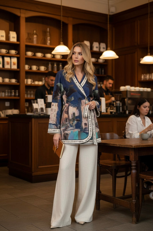 Artistic Italian Landscape Brushed Suede Jacket | Left-Tie Wrap Cardigan | Fall Outerwear -NAVY