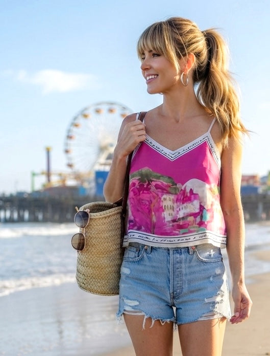 O/S-Italian Watercolour Print Women’s Spaghetti StrapTank Top- MAGENTA PINK  - Viscose/ Polyester blend-Made in Italy