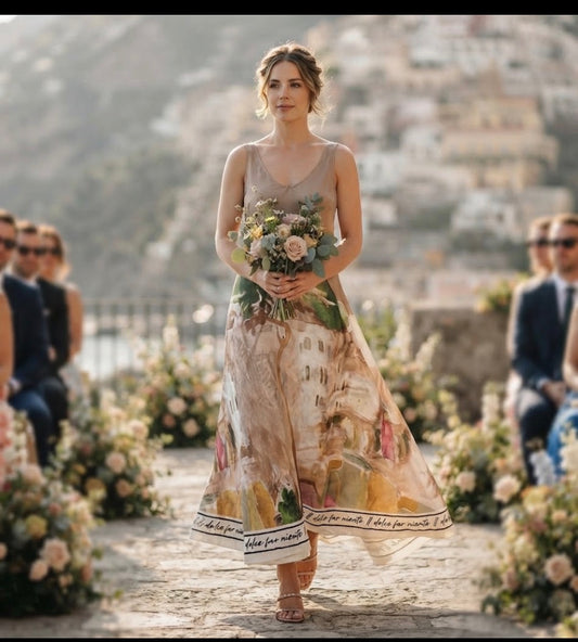 Italian Silk WIDE STRAP Maxi Dress - GOLDEN – Watercolor Print  “Il Dolce Far Niente”
