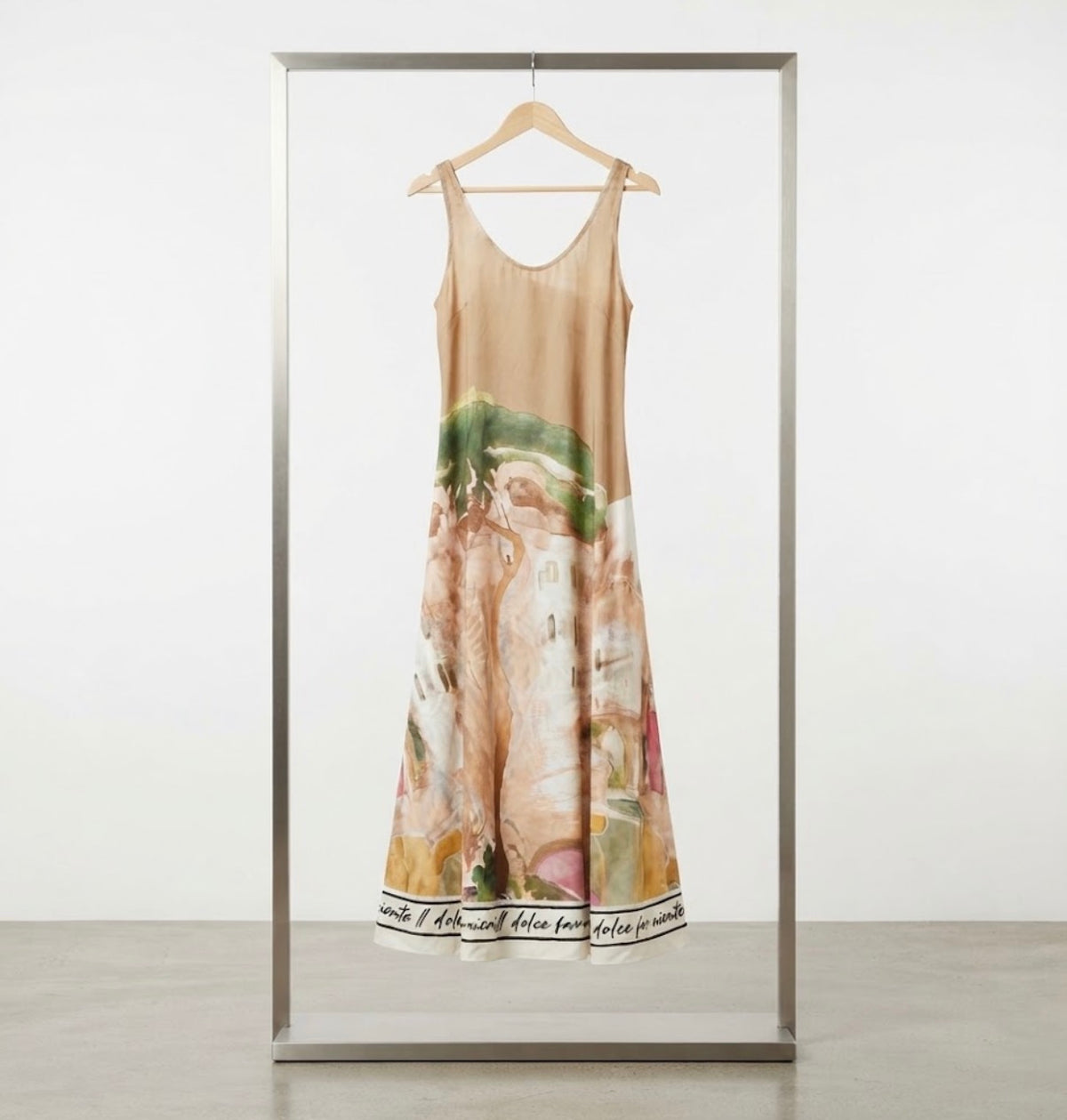 Italian Silk WIDE STRAP V-Maxi Dress - GOLDEN – Watercolour print, Made in Italy, Viscose/Silk blend O/S “Il Dolce Far Niente”