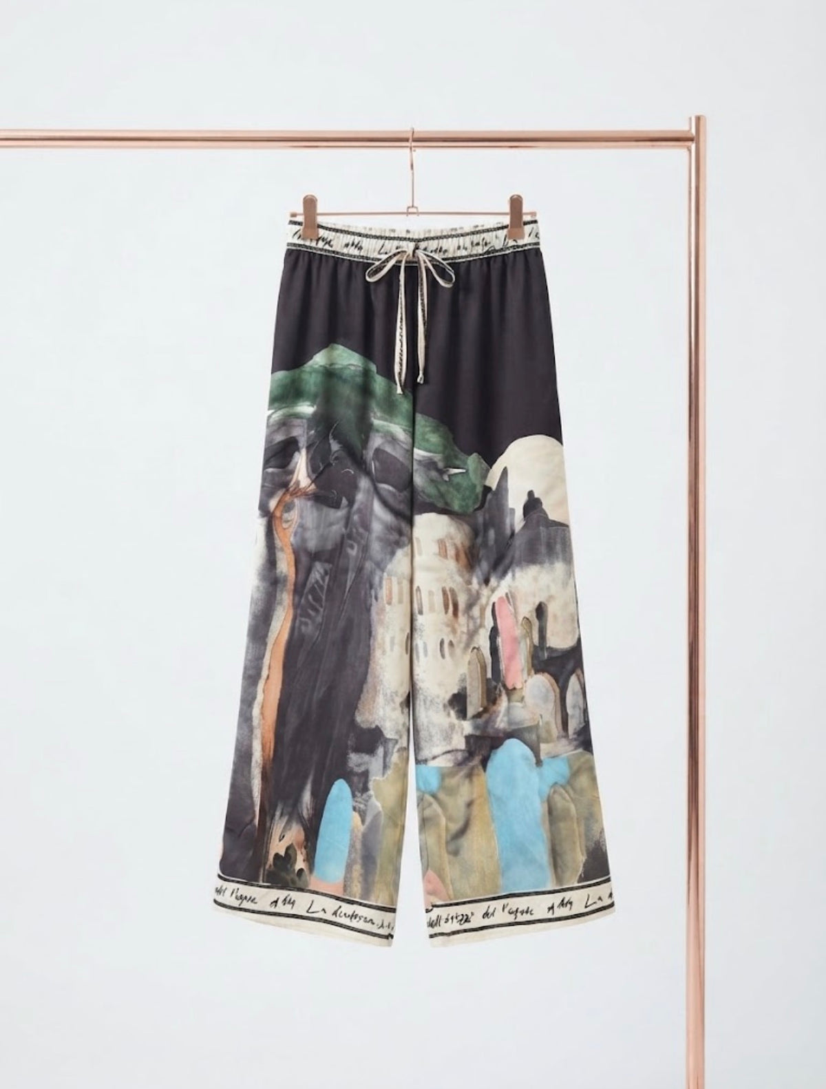 Amalfi Coast Watercolor Wide-Leg Pocket Pants, Viscose/ Polyester blend-  BLACK- Made in Italy, O/S