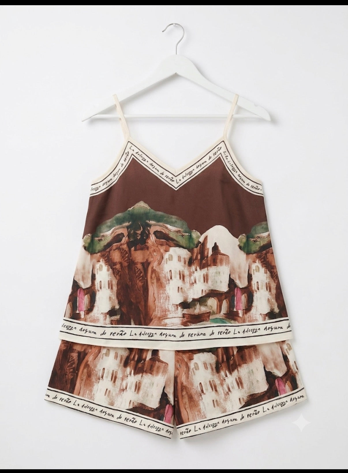 Italian Silk Watercolour Print Tank and Shorts with pockets- Dark Brown
