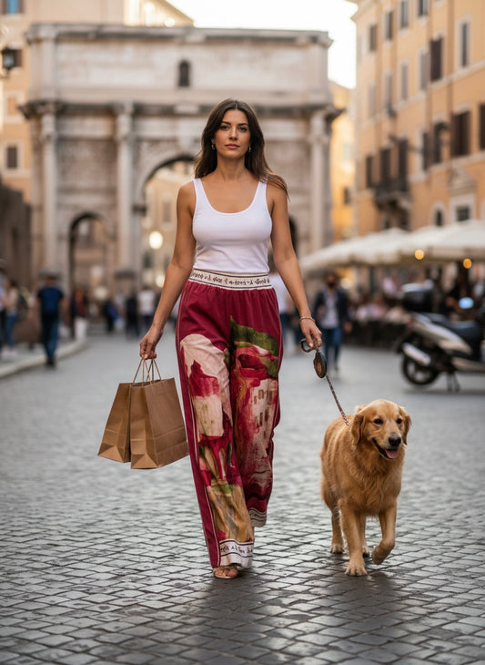 Italian Silk Wide Leg Pants – WINE RED -  Watercolour Print, Made in Italy