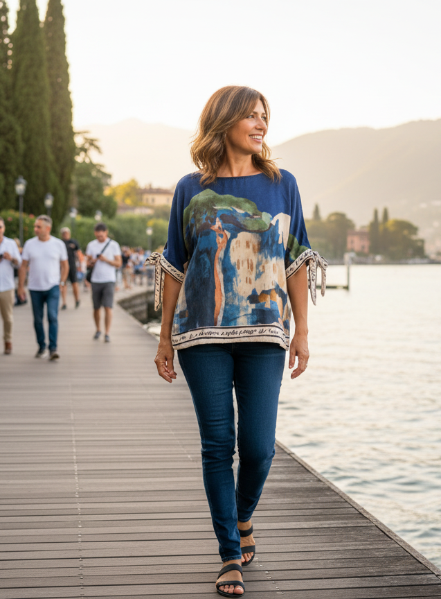 Relaxed fit Lustrous  Made in Italy Top- NAVY BLUE