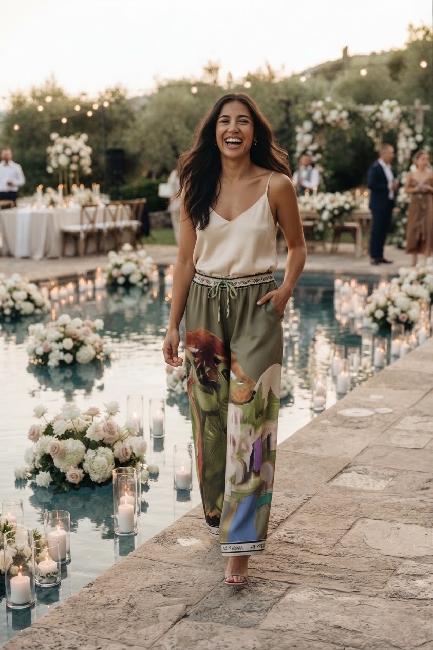 Amalfi Coast Watercolor Wide-Leg Pocket Pants | Viscose/ Polyester blend- OLIVE-Made in Italy- O/S