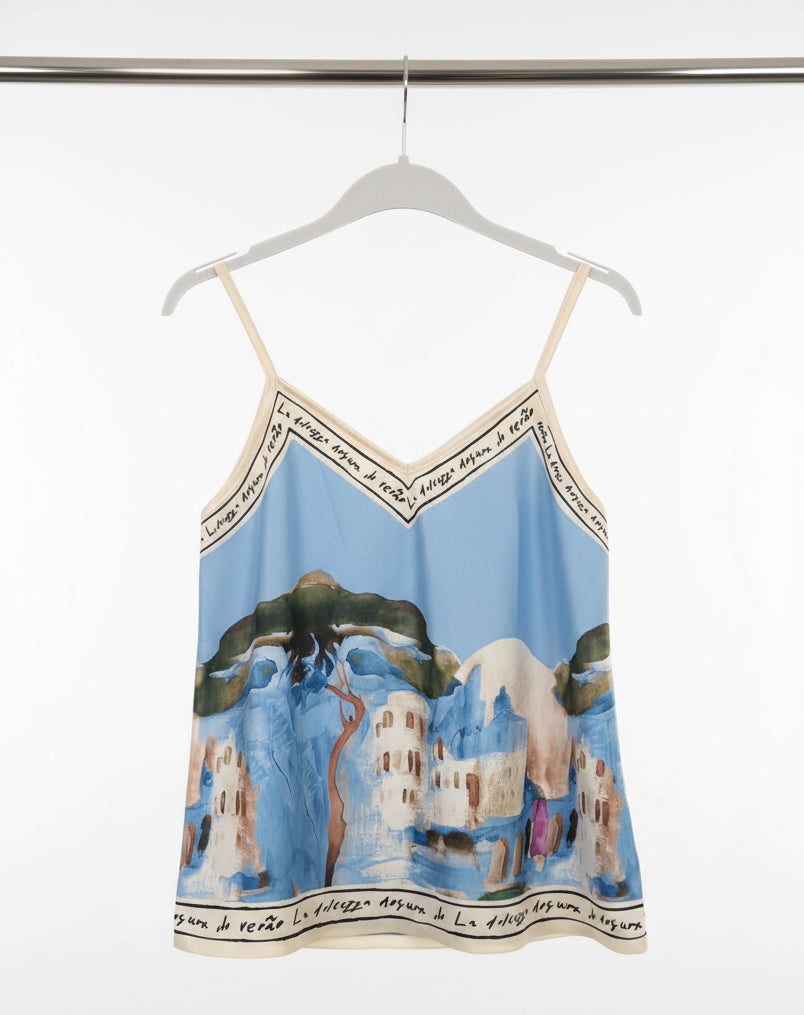 Italian Silk Watercolour Print Tank - BABY BLUE