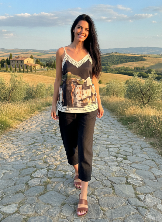 O/S- Italian Watercolour Print Women’s Spaghetti Strap Tank Top - BLACK - Viscose/ Polyester - Made in Italy