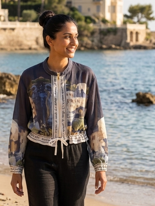 Italian Viscose Sheer Bomber Style Jacket-Navy