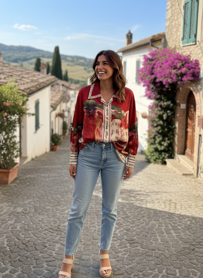 Italian Silk Watercolour Blouse-Red