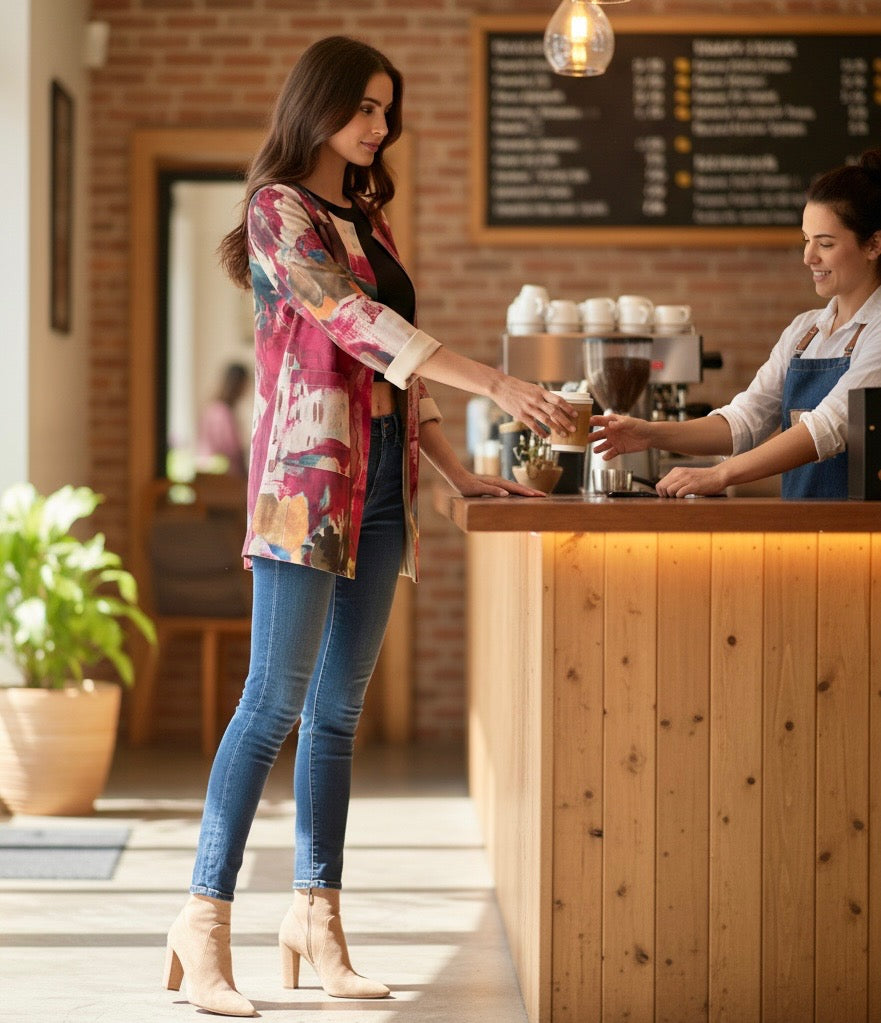 Watercolour Suede Soft Mid Length Jacket-Red