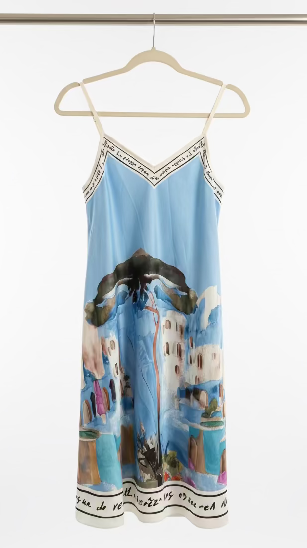 Mid Length BABY BLUE Italian Silk Viscose Dress, Made in Italy O/S