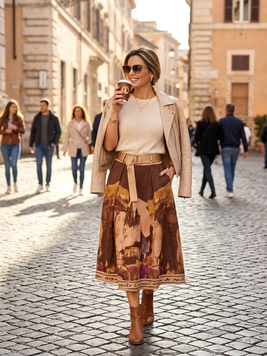 Italian Midi Skirt with Belt & Pockets - DARK BROWN - Watercolor  Print