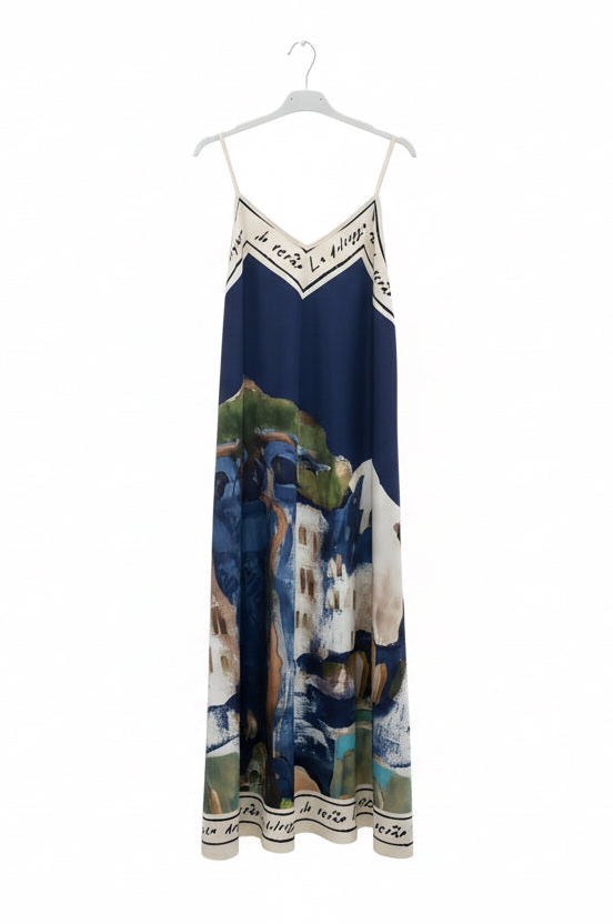 Italian Silk Maxi Dress - NAVY BLUE – Watercolour print, Made in Italy, Viscose/ Silk blend  - L/XL