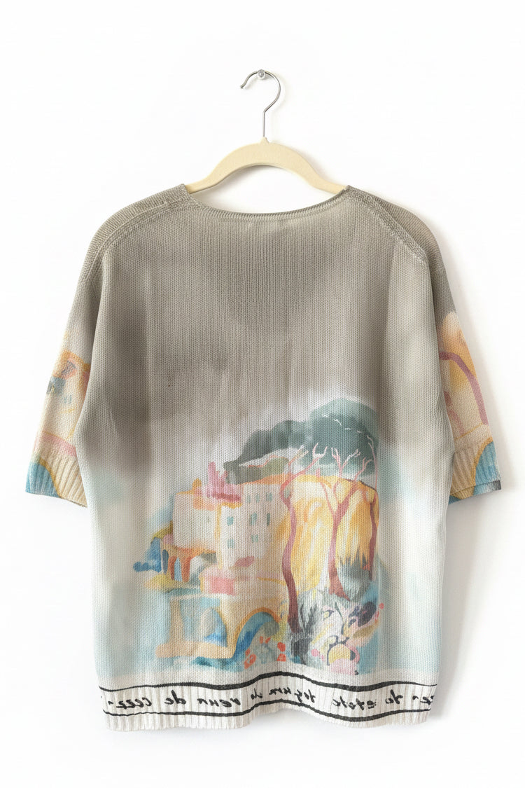 Watercolor Italian Knitted Short Sleeve  Women’s Top-OLIVE , Viscose blend, Made in Italy, O/S