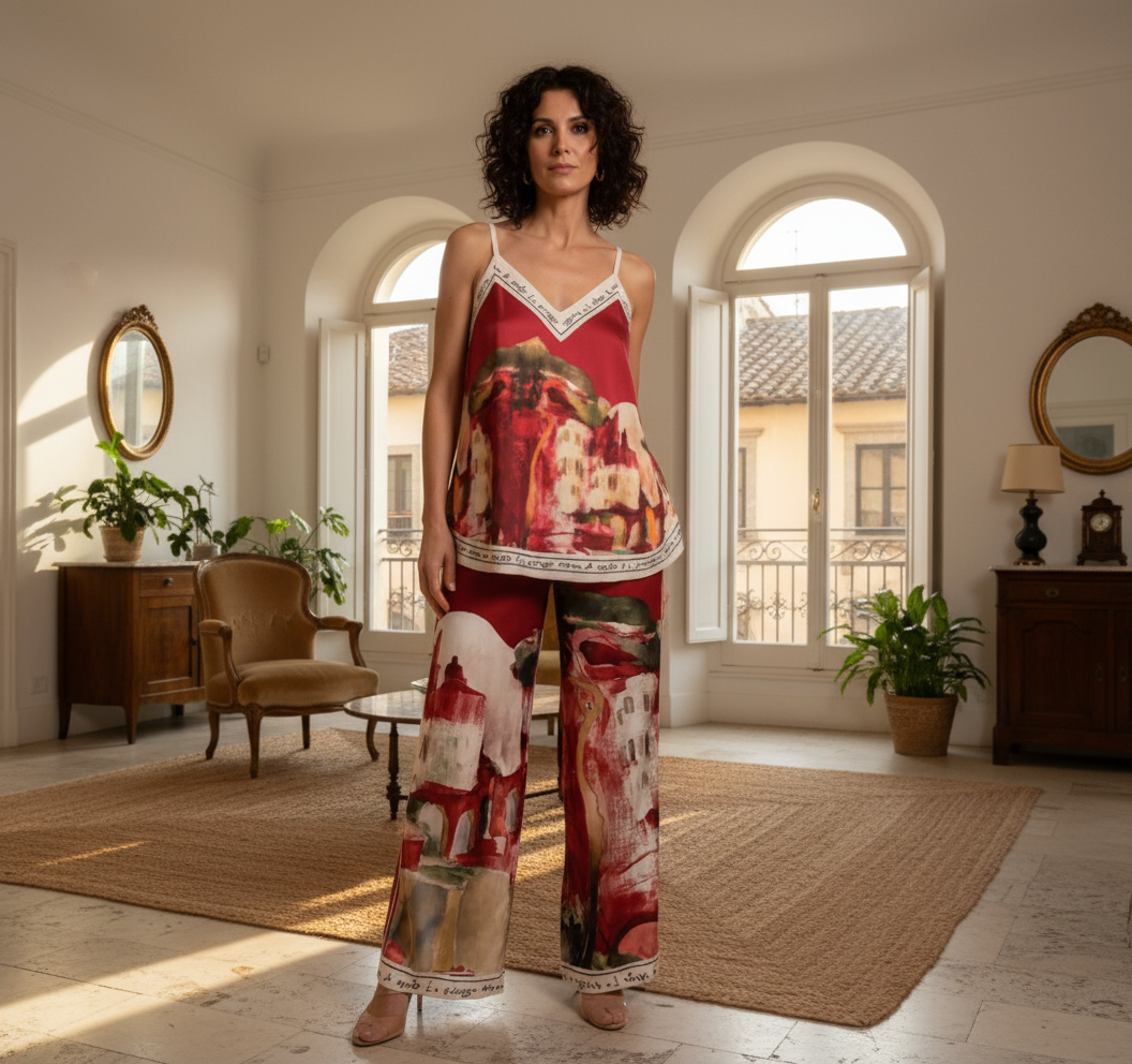 Italian Silk Watercolour Pants-Red