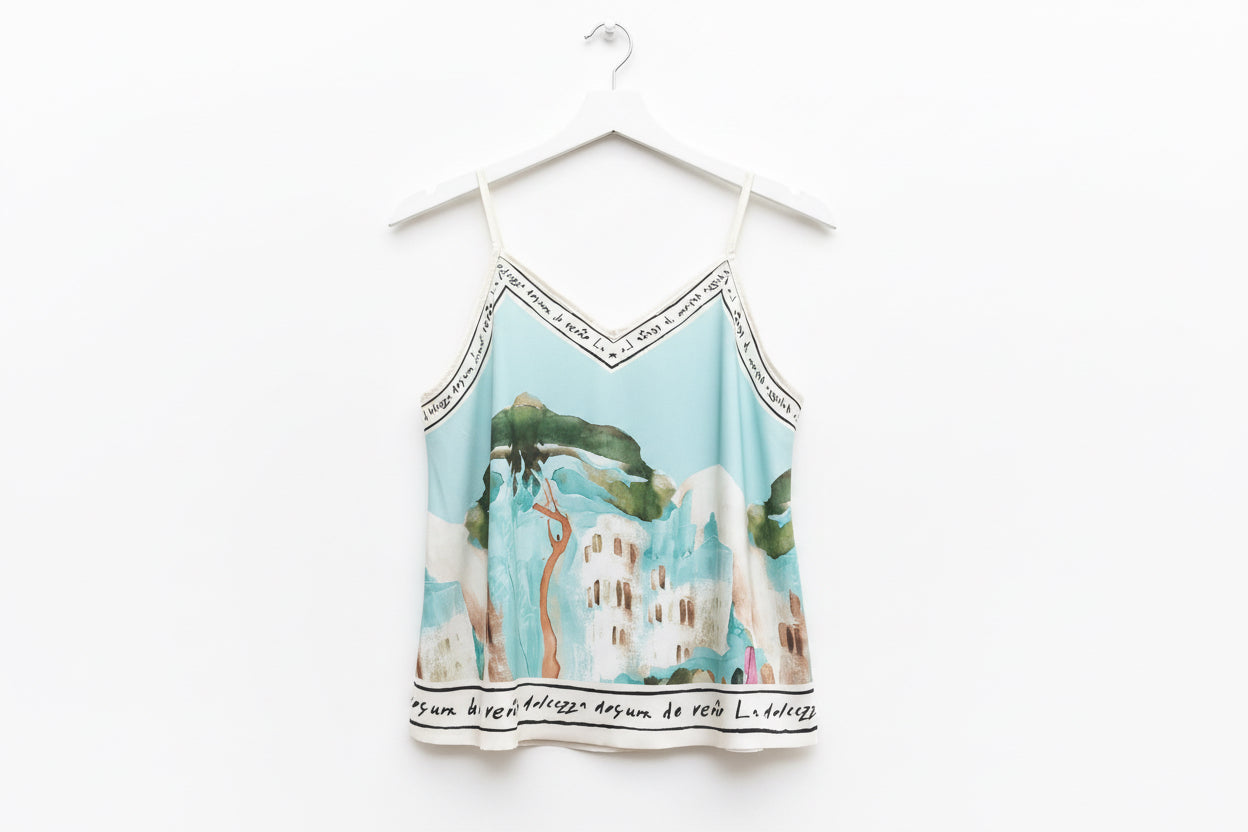 Short Italian Watercolour Print Silk Tank - Teal