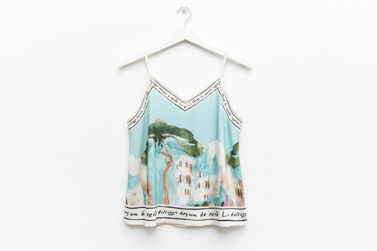 Short Italian Watercolour Print Silk Tank - Teal