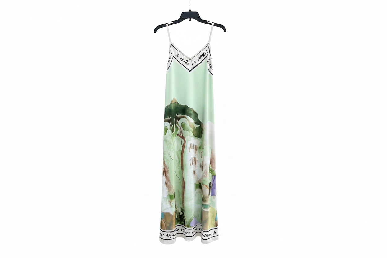 Italian Watercolour Silk Maxi Dress-Lime Green O/S