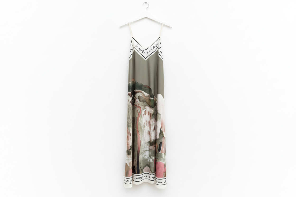 Italian Silk Maxi Dress - OLIVE GREEN – Watercolour print, Made in Italy, Viscose/Silk blend- L/XL