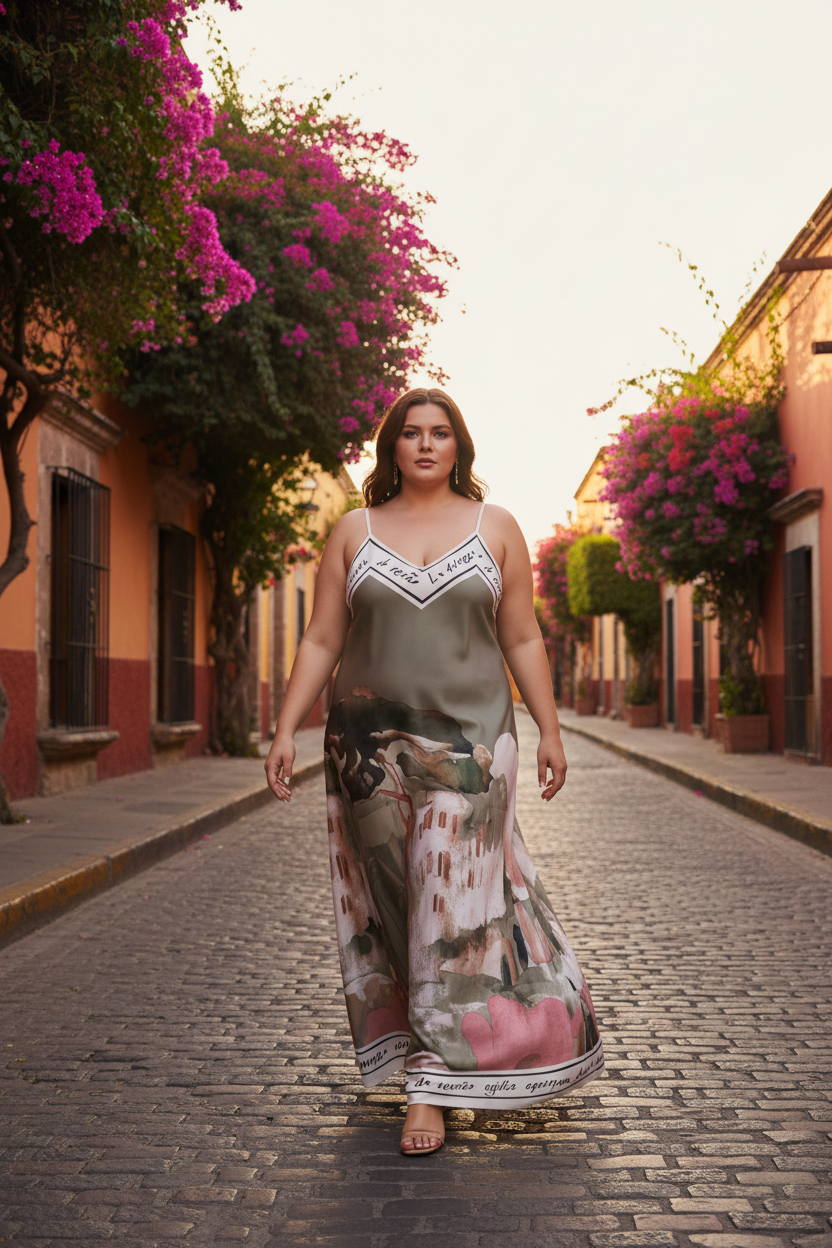 Italian Silk Maxi Dress - OLIVE GREEN – Watercolour print, Made in Italy, Viscose/Silk blend- L/XL