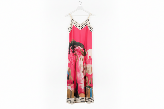 Italian Silk Spaghetti Strap Maxi Dress - ELECTRIC PINK – Watercolor Print - S/M