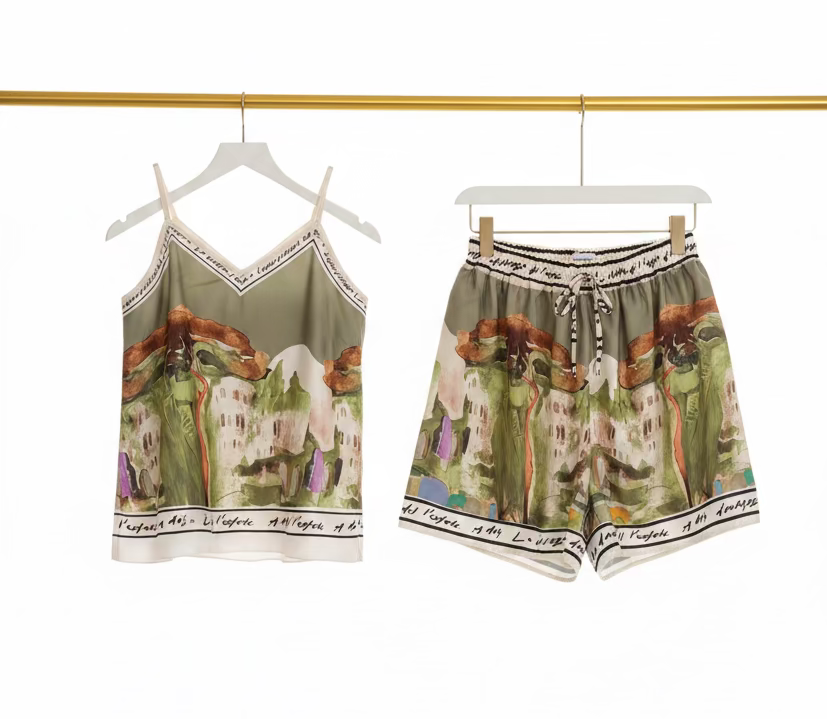 Italian Watercolour Shorts & Tank Matching SET- LIGHT OLIVE -Viscose/ Polyester blend- O/S Resortwear
