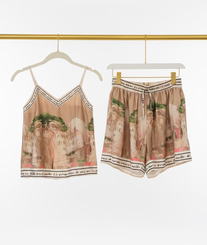Italian Watercolour Shorts & Tank Matching Set-GOLDEN BEIGE-Viscose/ Polyester blend- O/S Resortwear