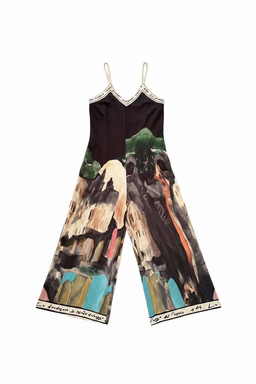 Italian Watercolour JUMPSUIT with adjustable straps - BLACK- Viscose/ Polyester blend