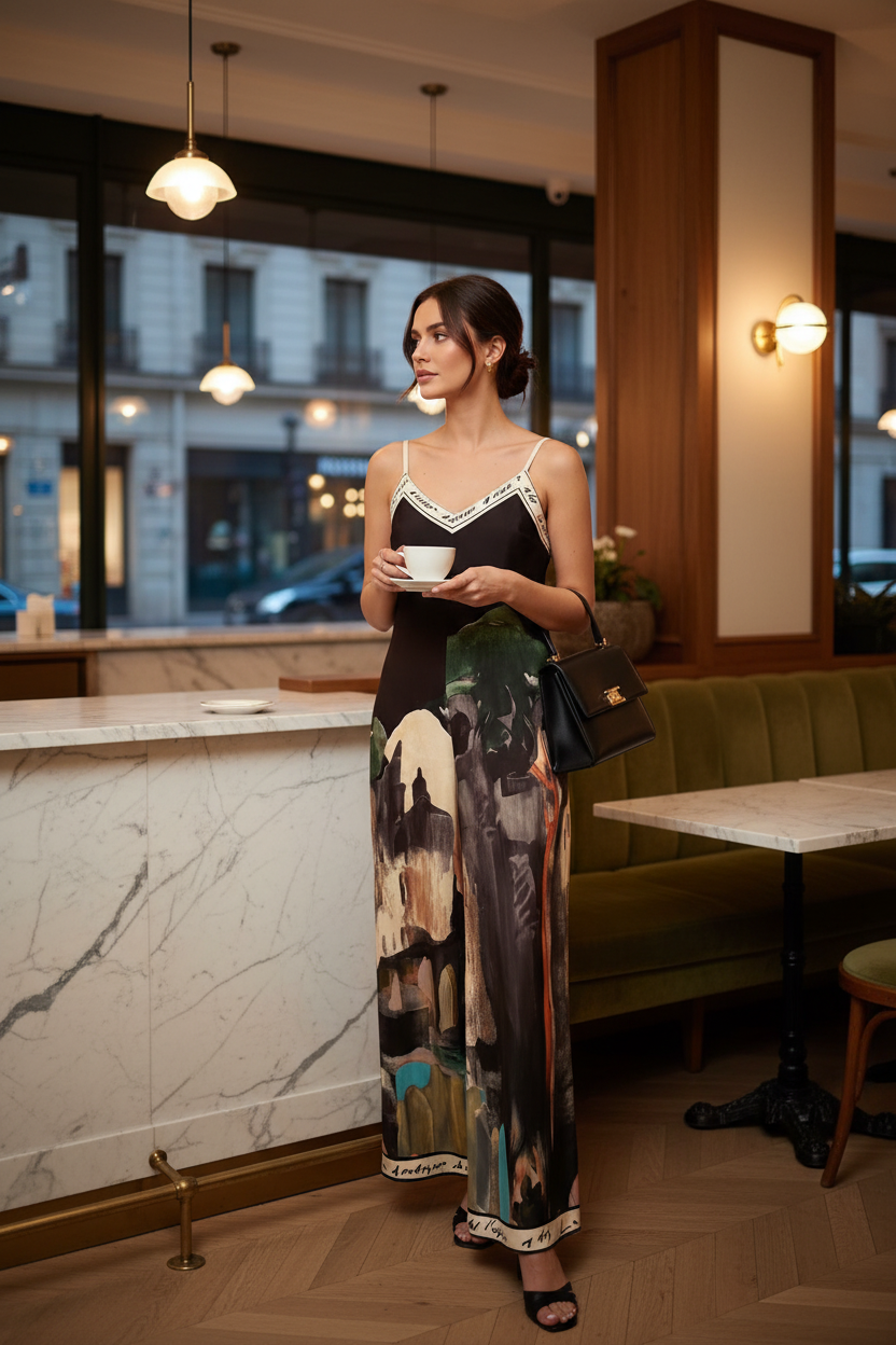 Italian Watercolour JUMPSUIT with adjustable straps - BLACK- Viscose/ Polyester blend
