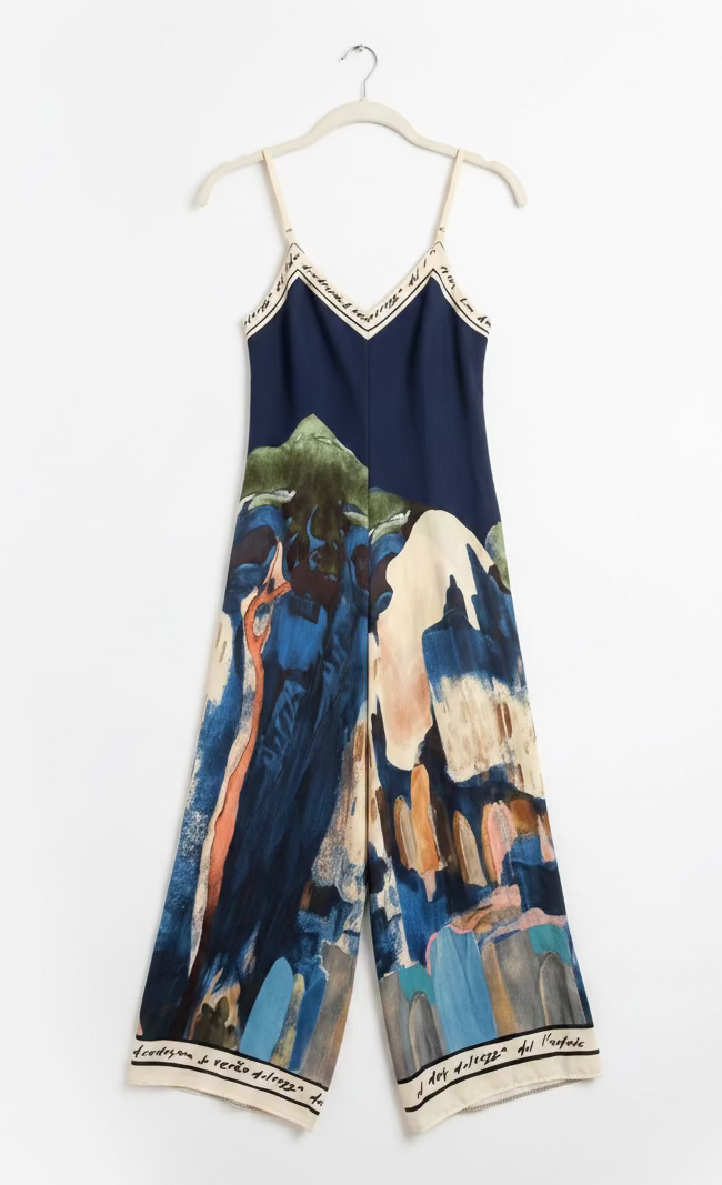 Italian Watercolour JUMPSUIT with adjustable straps - NAVY - Viscose/ Polyester  blend