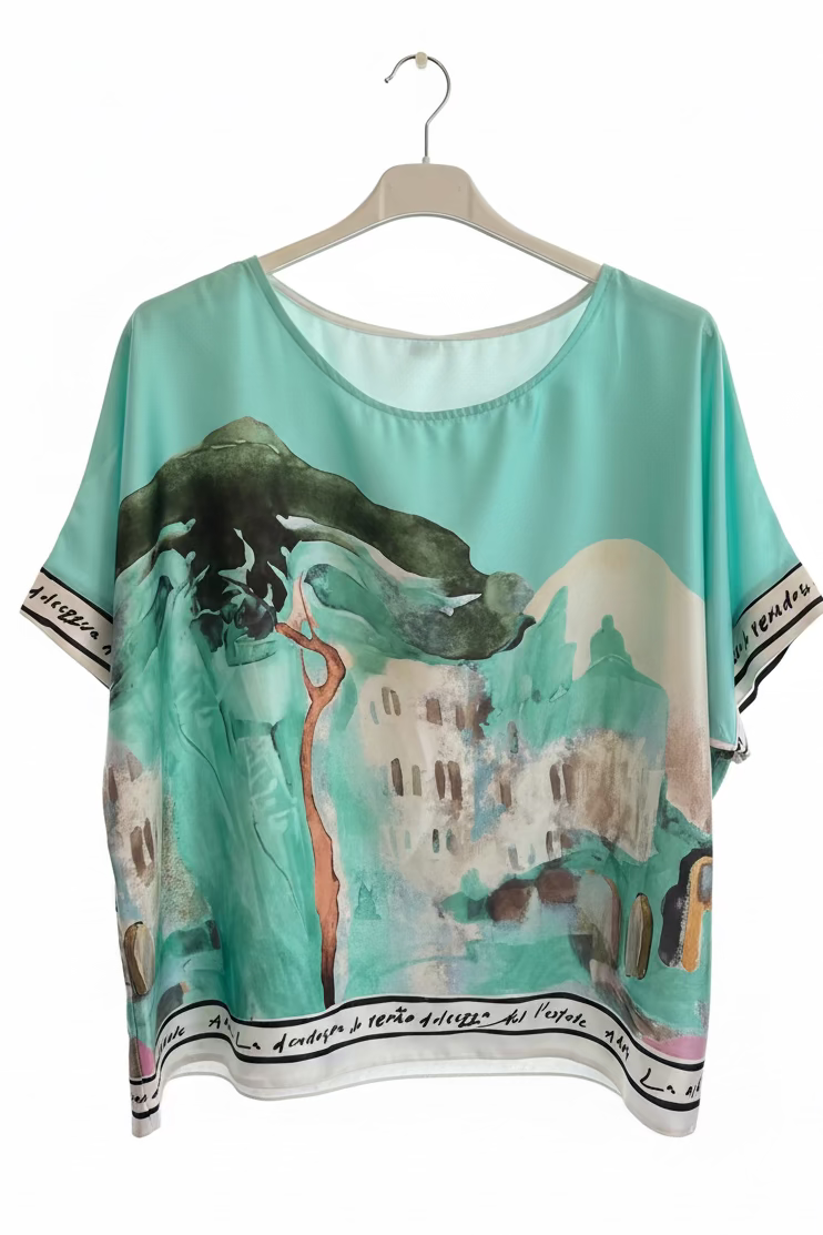 Relaxed Fit Watercolor Top- TURQUOISE - Viscose/Polyester blend, Made in Italy, O/S
