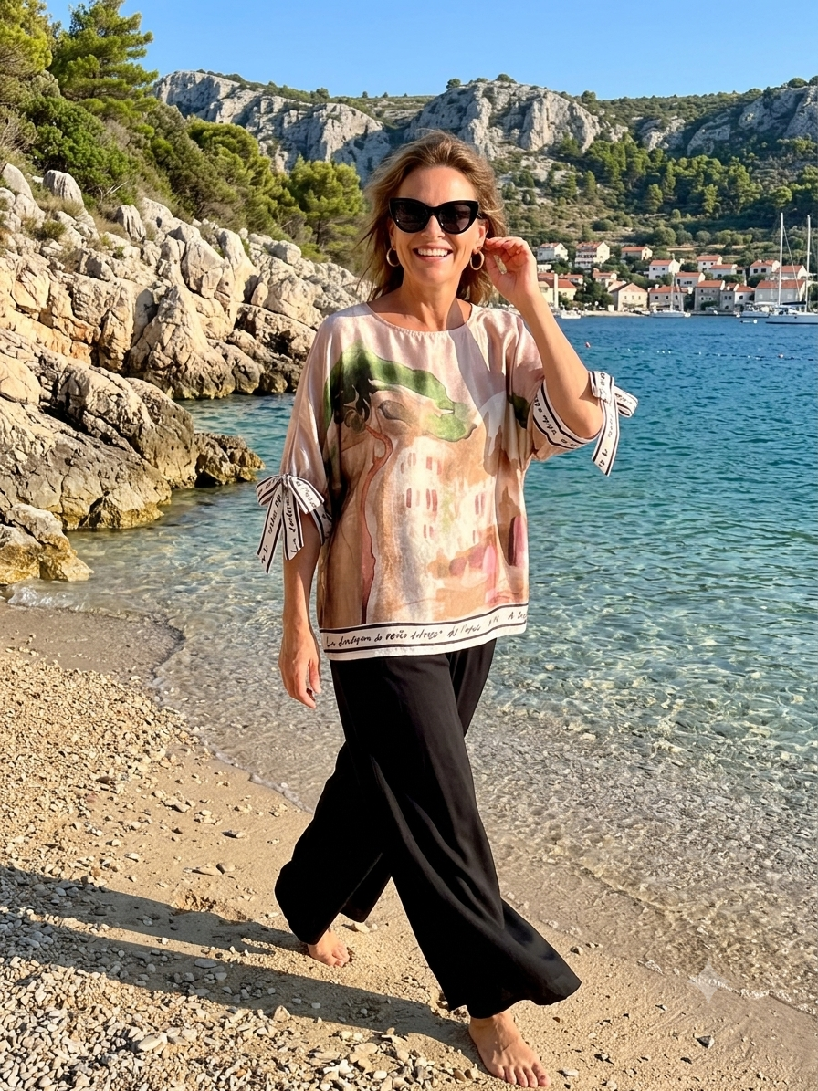 Relaxed Fit Watercolor Lustrous  Top - GOLDEN BEIGE- Made in Italy ,O/S