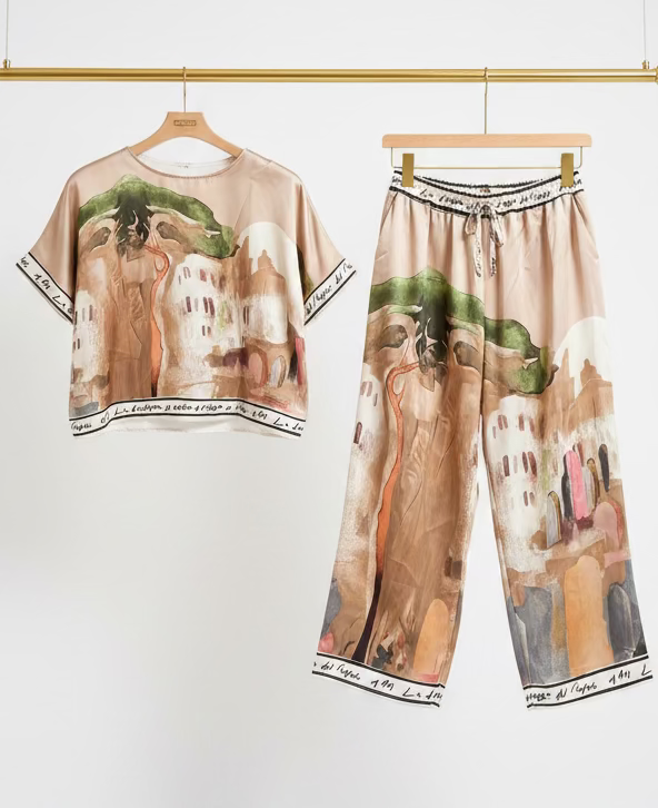 Italian Watercolour Pant & Relaxed Top  Set-GOLDEN BEIGE- Viscose/ Polyester blend, Made in Italy, O/S