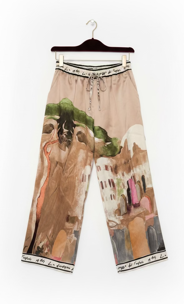Italian Watercolour Pant & Relaxed Top  Set-GOLDEN BEIGE- Viscose/ Polyester blend, Made in Italy, O/S