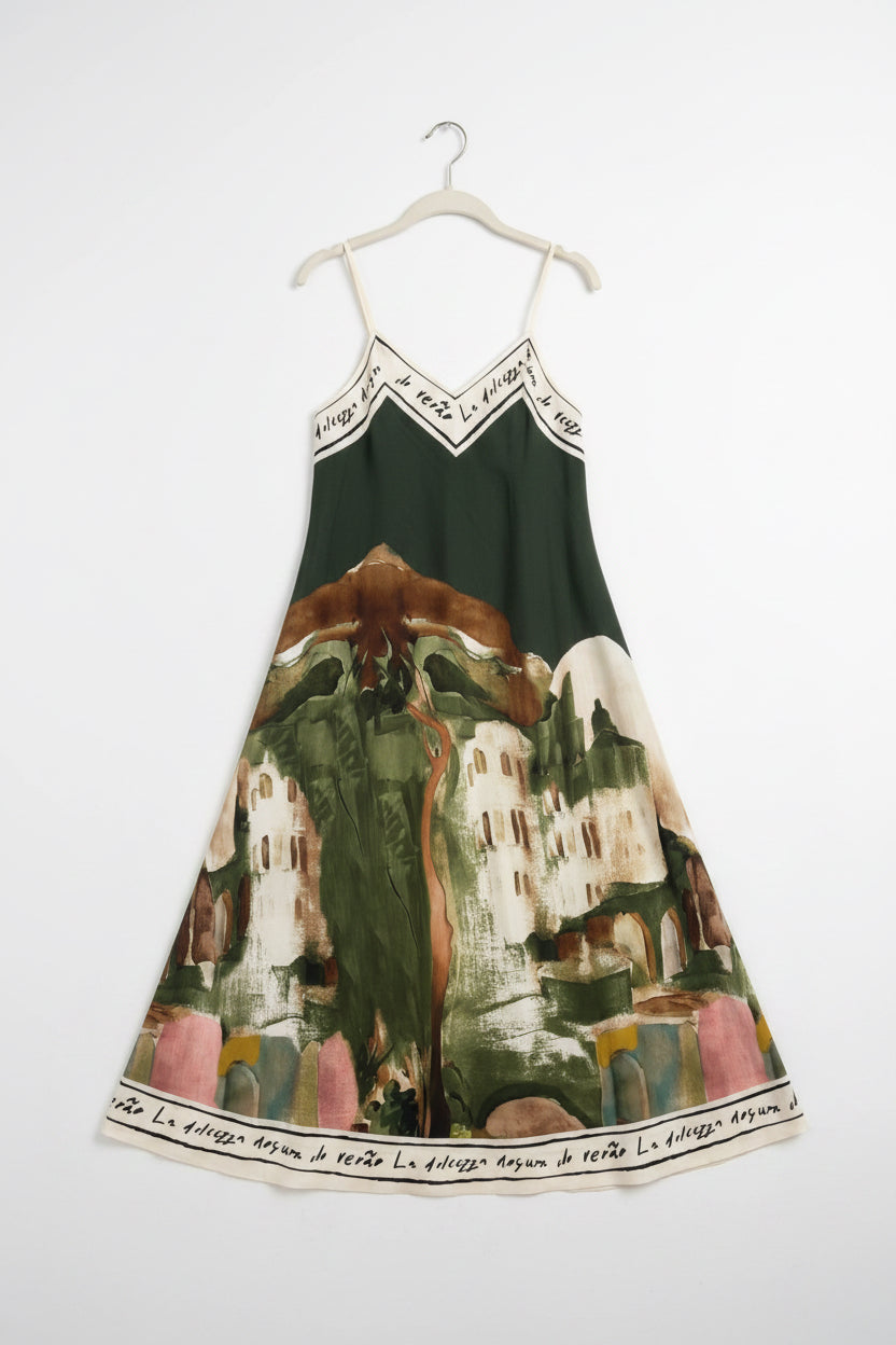 Watercolor Textured Maxi Dress- DARK OLIVE GREEN- Italian Viscose, Made in Italy O/S