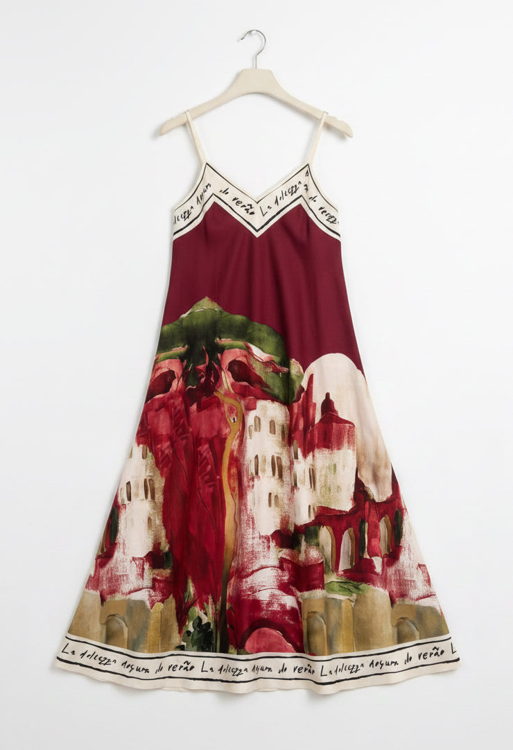 Watercolor Textured Maxi Dress- CHERRY RED- Italian Viscose, Made in Italy O/S