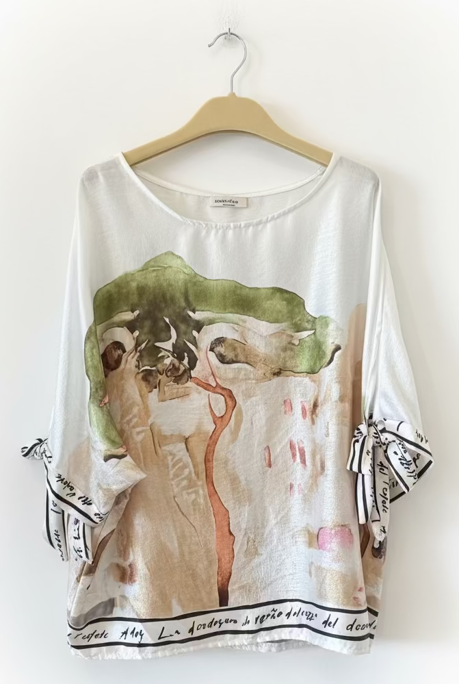 Relaxed Fit Watercolor Lustrous Women Top - WHITE- Made in Italy , O/S- Woven Italian Viscose/ Polyester blend
