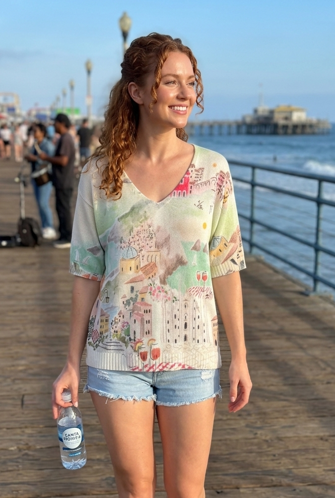 Watercolor Italian Knitted Short Sleeve Women’s Top-GREEN Viscose blend-Amalfi Print