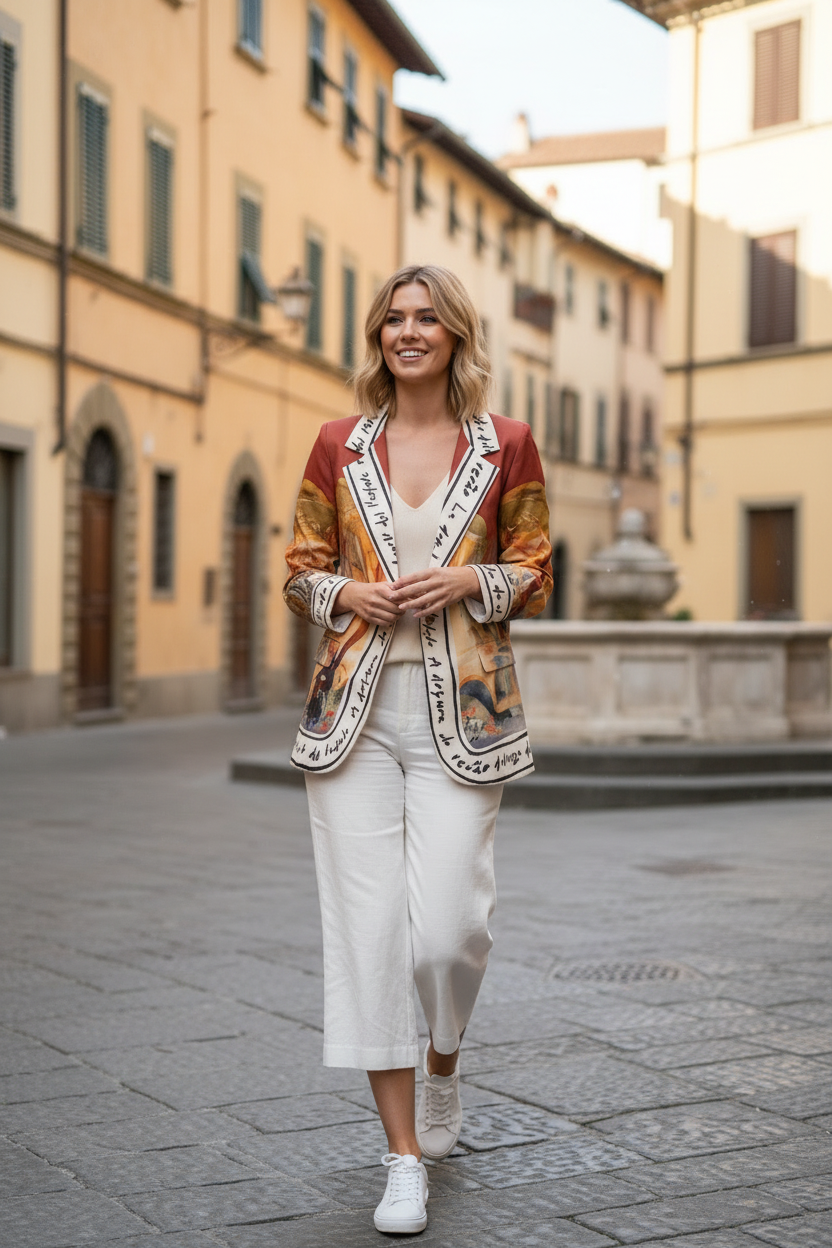 Italian Oversized Watercolour Print Lined Blazer - Red