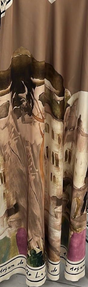 Italian Silk Maxi Dress - TAUPE – Watercolour print, Made in Italy, Viscose/Silk blend