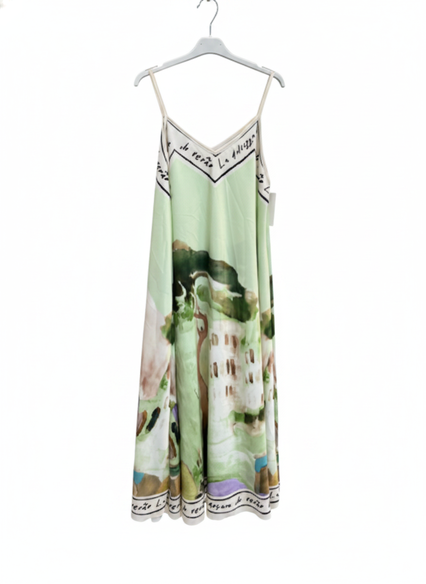 Italian Watercolour Silk Maxi Dress-Lime Green O/S