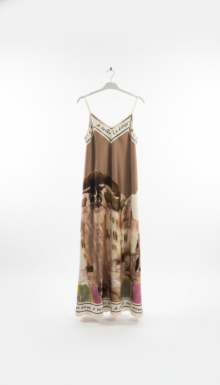 Italian Silk Maxi Dress - TAUPE – Watercolour print, Made in Italy, Viscose/Silk blend