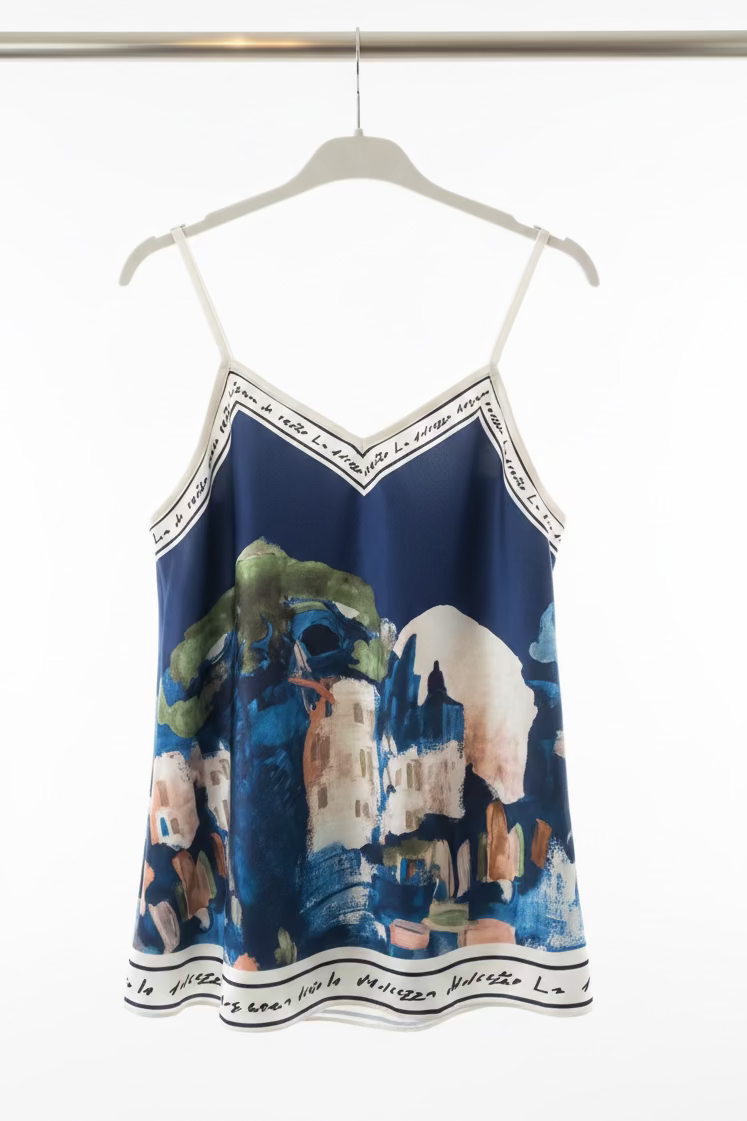 O/S-Italian Watercolour Print Women’s Spaghetti StrapTank Top- NAVY BLUE - Viscose/ Polyester blend-Made in Italy